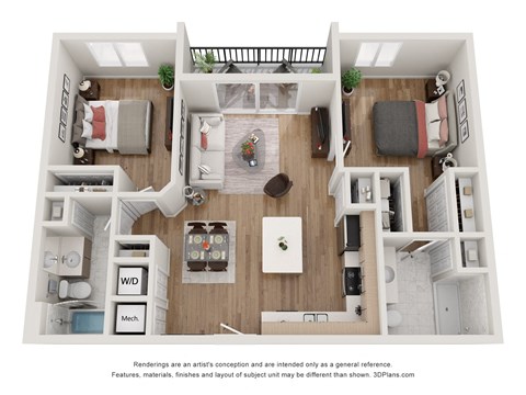 Floor plan for 2 beds, 2 baths, 1013 sqft